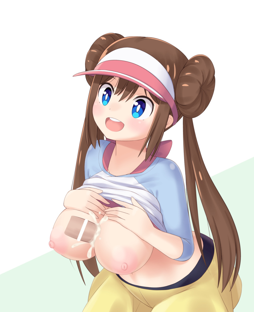 1boy 1girls areolae big_breasts blue_eyes blush breasts_out brown_hair censored clothed clothes croodle cum cum_on_breasts disembodied_penis double_bun faceless_male female hat human long_hair looking_away looking_up male nintendo nipples no_bra paizuri pantyhose penis pokemon pokemon_bw2 rosa_(pokemon) shirt shirt_lift skirt smile source_request twintails wide_hips