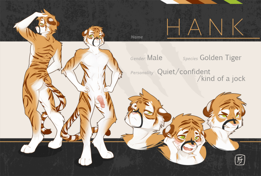 1boy 2015 aloof angry anthro ass balls blush brown_fur bust digitigrade dragonfu embarrassed feline front_view fur furry furry_only green_eyes hand_on_head hands_on_hips hank_(logitech) male male_only mammal model_sheet multiple_poses nude penis rear_view smile solo tiger toned white_fur