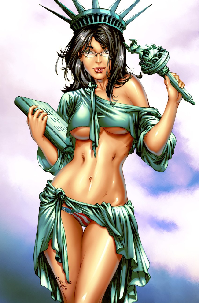 american_flag american_flag_bikini black_hair blue_eyes breasts clouds cosplay eric_basaldua female fire glasses hair ivan_nunes long_hair panties solo standing statue statue_of_liberty straight_hair text zenescope