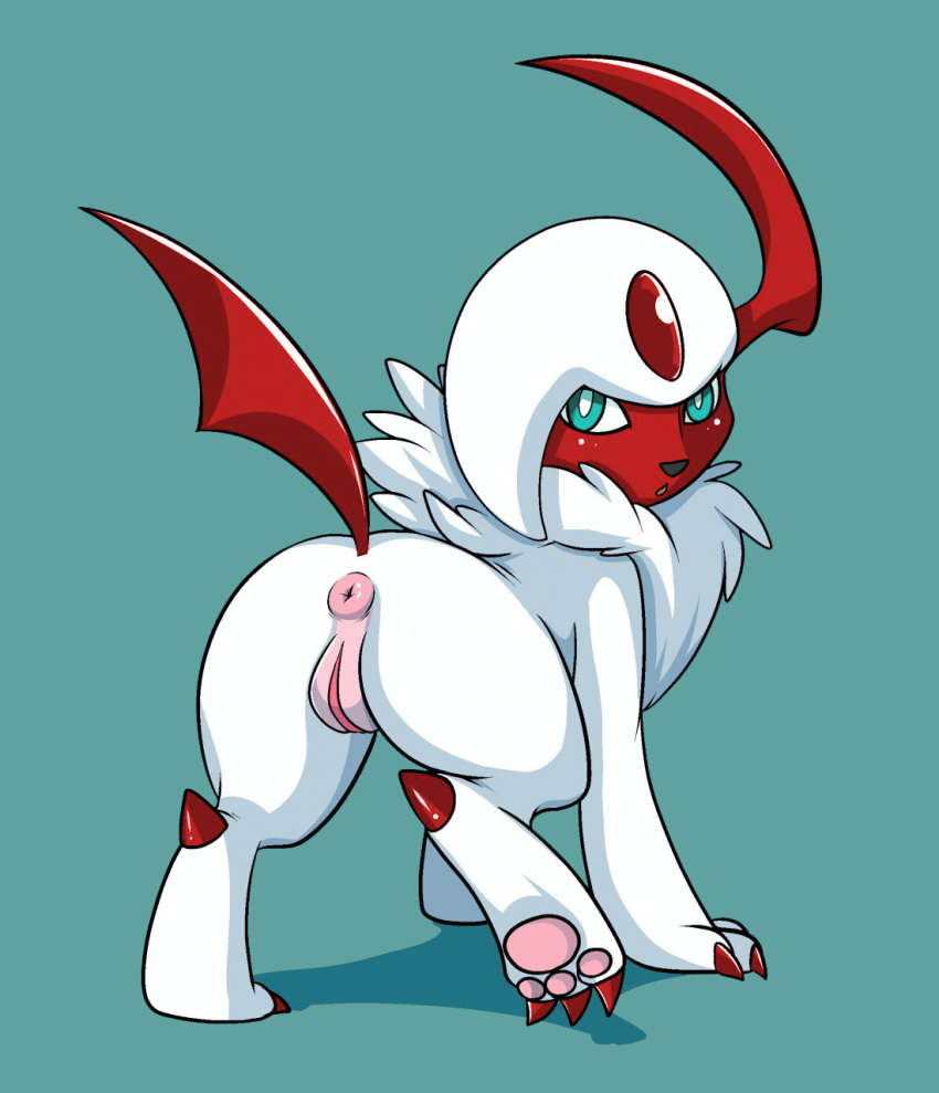 absol anus ass black_nose commissionedbutts female feral fur looking_at_viewer looking_back nintendo pawpads paws plain_background pokémon_(species) pokemon pokemon_(species) pussy red_eyes shadow shiny_pokemon solo video_games white_fur