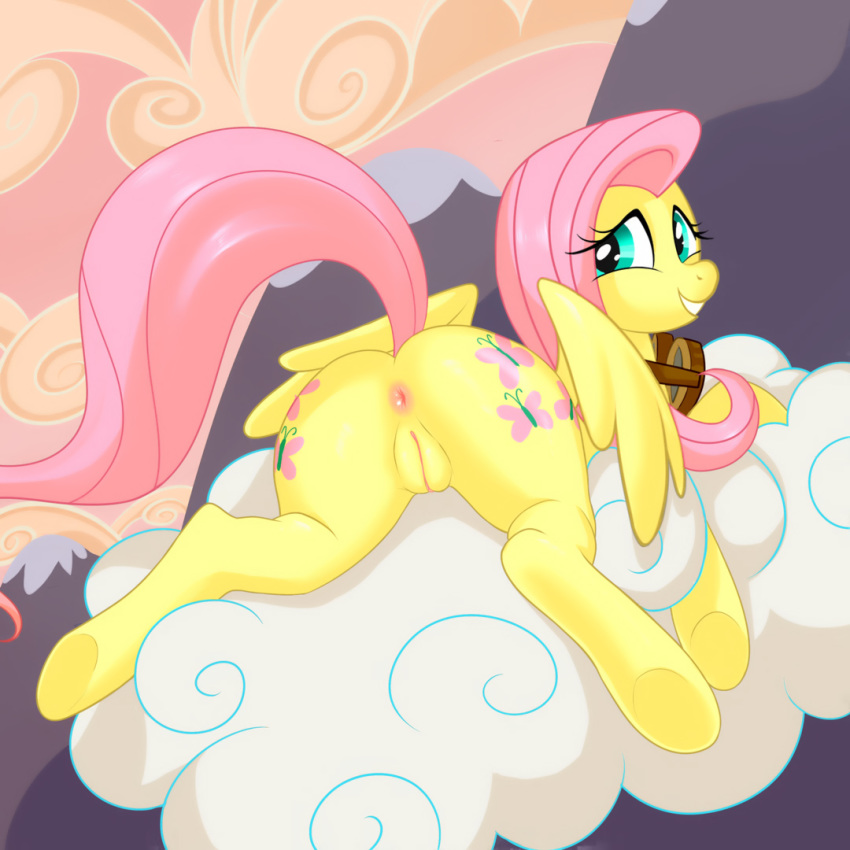 2015 anus ass cloud cutie_mark equine eyewear female feral fluttershy_(mlp) friendship_is_magic goggles hair ipan long_hair lying mammal my_little_pony on_cloud outside pegasus pink_hair pussy smile solo wings