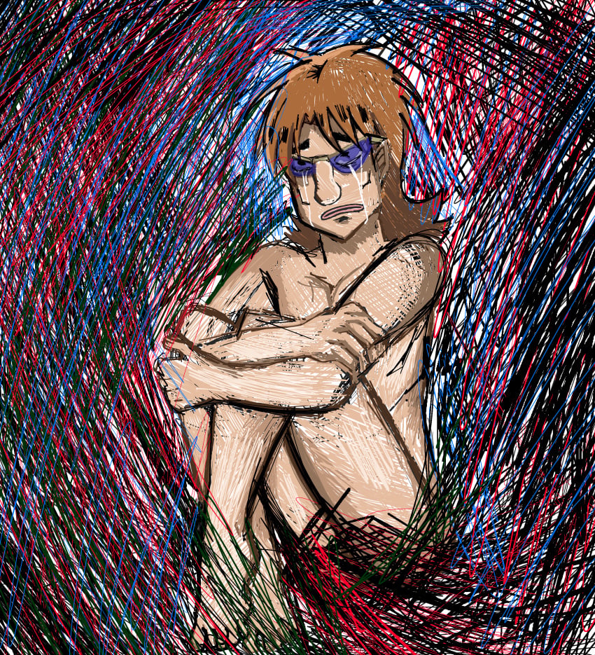 1boy alone artist_upload bad_anatomy big_lips big_nose bright_colors brown_hair crying crying_with_eyes_open fkmt hugging_self kazuya_hyodo_(kaiji) male male/male male_only naked naked_male no_genitals no_genitals_shown nonsexual nonsexual_nudity poorly_drawn sad self_upload tumblr tumblr_link ultimate_survivor_kaiji vent vent_art