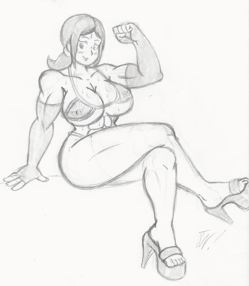 1girls 2015 abs biceps big_breasts breasts busty female female_only firegon55 greyscale hair heels high_heels huge_breasts human large_breasts looking_at_viewer monochrome muscular muscular_female nintendo ripped shiningtatsu sitting smile solo supergon55 tagme traditional_media_(artwork) wii_fit wii_fit_trainer