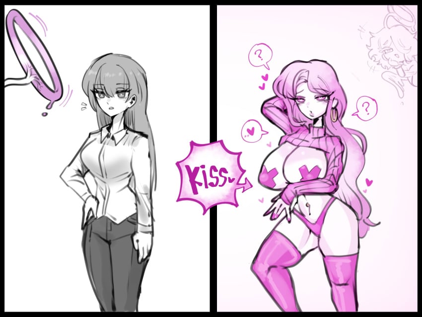 1girls before_and_after big_breasts bimbofication confused corruption demon gyaru heart-shaped_pupils identity_death omeok911 original original_character pink_hair