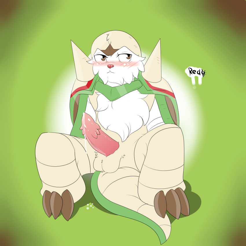 1boy anthro balls barbs blush chesnaught chest_tuft dripping erection fur looking_away male male_only nintendo penis pokemon precum redfoxsoul signature sitting solo spread_legs spreading tuft video_games