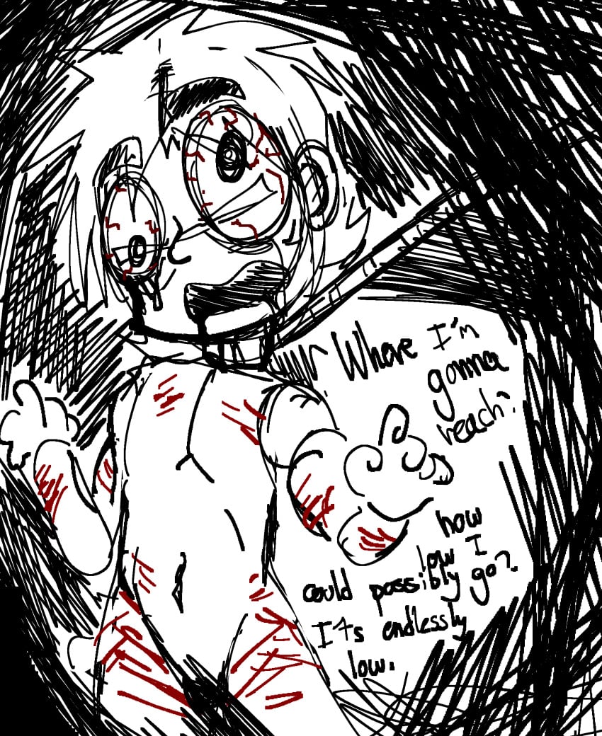 1boy artist_upload artistic_nudity bad_anatomy bad_art big_eyebrows bloodshot_eyes chibi chibi_inset choked choked_from_behind crying crying_with_eyes_open despair drooling fkmt glasses glasses_only hands-free kazuya_hyodo_(kaiji) male male_only naked naked_male no_genitals no_genitals_shown nonsexual nonsexual_nudity poorly_drawn rope rope_around_neck self_degradation self_harm self_harm_scars self_upload skinny suffocation text tired tired_look tumblr tumblr_link tumblr_username ultimate_survivor_kaiji vent vent_art white_body