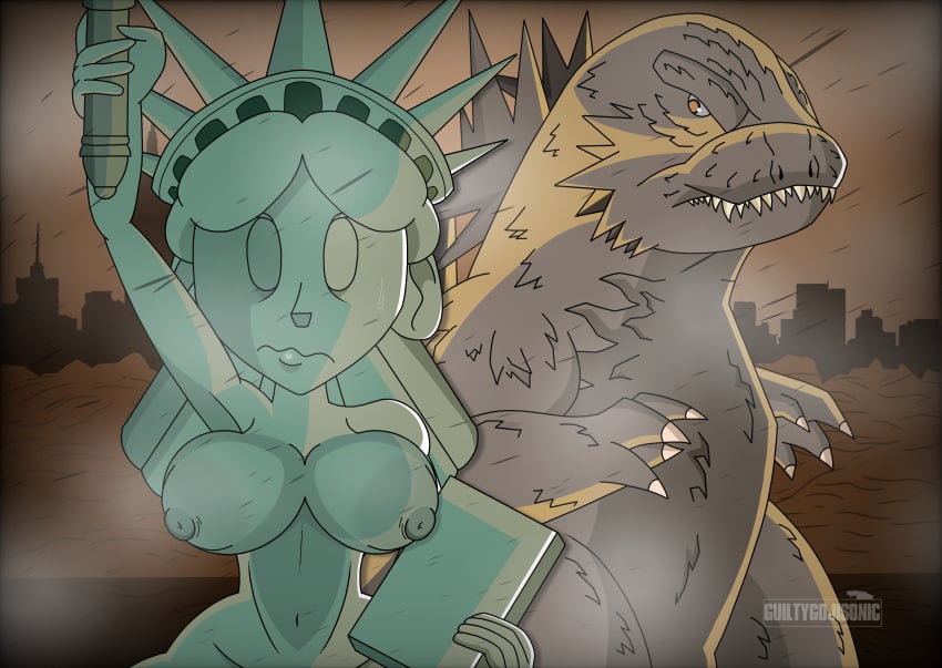 1girl 1girls 4_fingers 5_fingers apocalypse belly_button boobs breasts child_bearing_hips city city_background city_destruction clawed_fingers claws crown curvy curvy_body curvy_female curvy_figure curvy_hips curvy_thighs dorsal_spikes fanart fog foggy_background giantess godzilla godzilla_(series) godzilla_minus_one godzilla_minus_zero guiltygojisonic kaiju lady_liberty macrophilia monster naked naked_female nervous_expression nervous_sweat new_york new_york_city nipples nude nude_female ocean orange_eyes pussy_line rain statue statue_of_liberty tablet tansau's_lady_liberty teeth thick_thighs thighs tits toho toho_(film_company) torch wide_hips