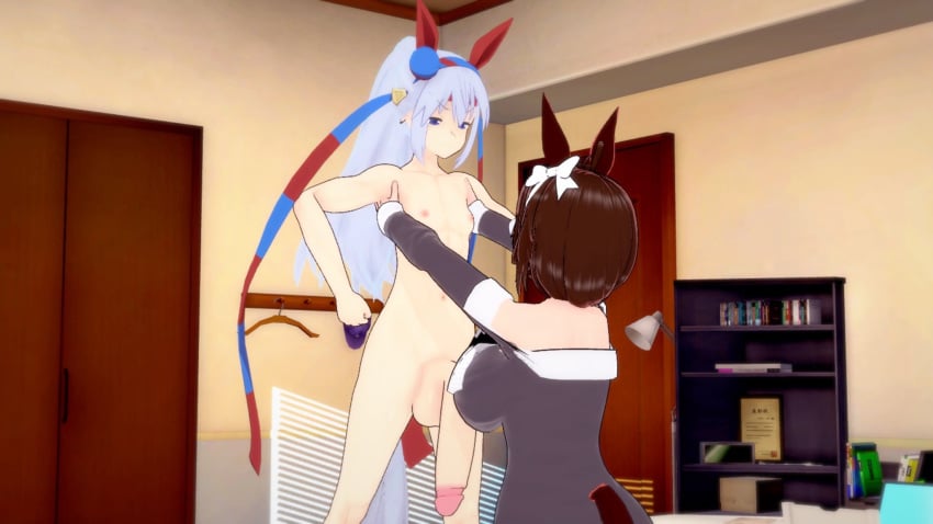 1futa 1girls 3d angry_face clenched_hand dangling_penis futanari hanging_penis horse_girl koikatsu large_penis lifting_person muscular_futa oc self_upload size_difference small_but_hung tamamo_cross_(umamusume) umamusume