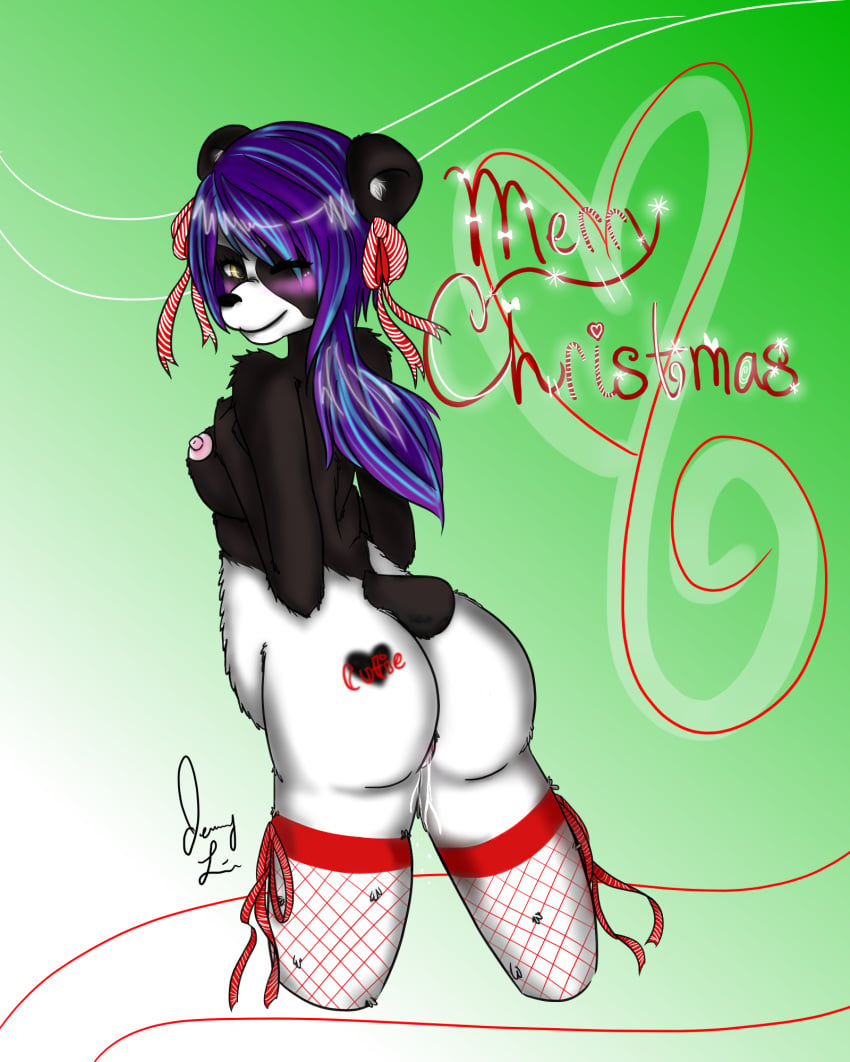 2014 amber_eyes anthro areola ass bear big_breasts black_fur blush breasts christmas chubby cum cutiebooty female fur hair heart holidays legwear long_hair looking_at_viewer mammal nipples nude panda purple_and_blue_hair purple_hair pussy smile solo stockings tagme tattoo thigh_highs white_fur yellow_eyes