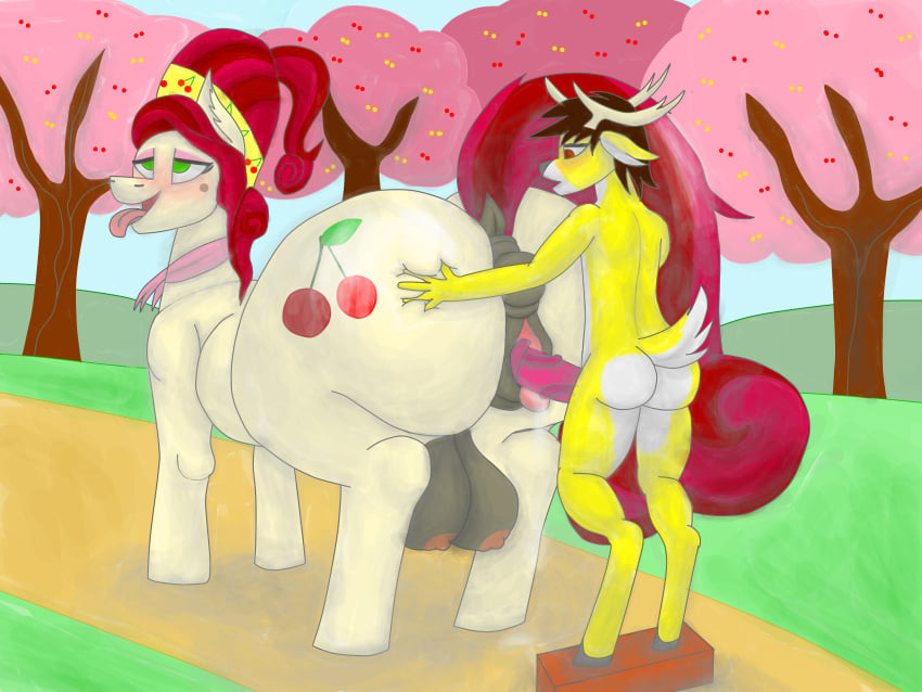 4:3 absurd_res accessory animal_genitalia anthro anthro_on_feral antlers bestiality big_butt big_teats blush bodily_fluids brick brown_eyes brown_hair butt butt_grab cherry cherry_blossom cherry_jubilee_(mlp) cherry_tree clitoral_winking clitoris cutie_mark darkened_genitalia deer digital_media_(artwork) digitigrade dock_(anatomy) duo earth_pony equid equine erection eye_roll eyeshadow female female_penetrated feral flower food friendship_is_magic from_behind_position fruit fruit_tree fur genital_fluids genitals grass green_eyes hair hand_on_butt hasbro headband hi_res hill hooves horn horse huge_butt huge_hips interspecies keith_(kokopingas98) kokopingas98 landscape larger_female looking_pleasured makeup male male/female male_penetrating male_penetrating_female mammal markings medial_ring mole_(marking) multicolored_body my_little_pony new_world_deer nipples nude open_mouth outside_sex penetration penile penis plant pony prunus_(flower) quadruped red_hair red_penis scarf scut_tail sex short_tail size_difference skindentation smaller_male smile standing standing_sex tail tail_aside teats thick_thighs tongue tongue_out tree vaginal vaginal_fluids vein veiny_penis vulva white-tailed_deer white_body white_fur wide_hips