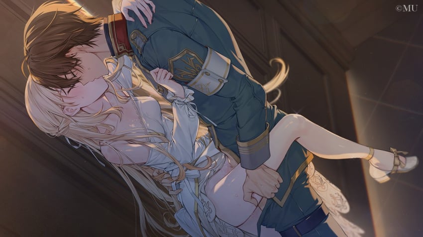 1boy 1girl against_wall bare_legs blonde_hair blush bow braid brown_hair censored closed_eyes door dress game_asset grabbing_another's_thighs hand_on_another's_back harihara_hari hetero high_heels indoors kiss long_hair long_sleeves looking_at_another military_uniform mosaic_censoring official_art open_mouth pants philia_kartner profile sex short_hair standing standing_sex strapless sweatdrop the_goddess_of_tears_~restoration~ tile_floor tiles vaginal variant_set visual_novel_cg white_dress wil
