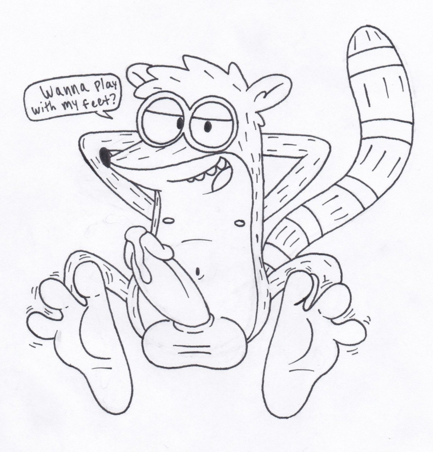 ? anthro balls cartoon_network drrichtofen720_(artist) feet foot_fetish looking_at_viewer male male_only mammal navel nipples open_mouth penis precum raccoon regular_show rigby sitting solo speech_bubble striped_tail tongue