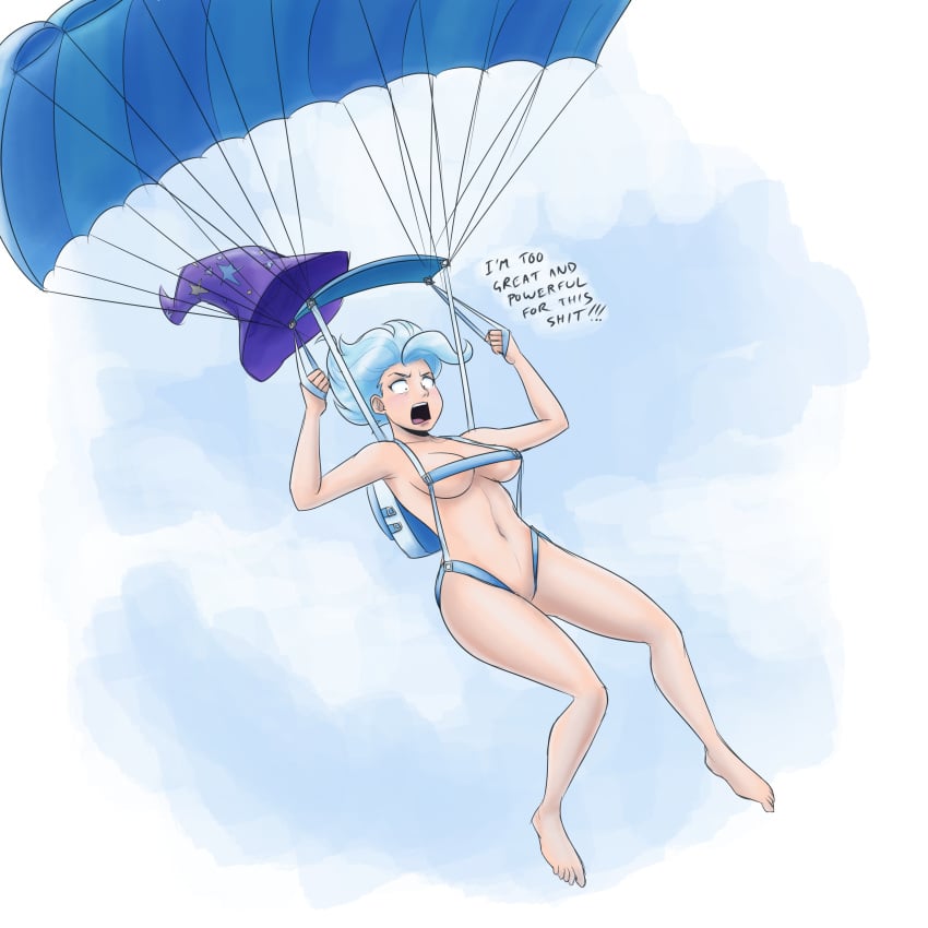 1girls angry anthro blue_hair breasts cleavage convenient_censoring curvy eyeshadow falling fear female female_only flying friendship_is_magic hat human humanized large_breasts megasweet my_little_pony nude panic parachute profanity sky skydiving trixie_(mlp) vulgarity witch witch_hat