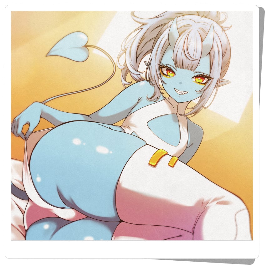 1girl 1girls absurdres ass ass_focus blue_oni blue_skin breasts colored_skin demon_tail eyeliner fat_ass female flat_chest grey_hair grin highres horns indie_virtual_youtuber kuu_(kuutuber) kuutuber leotard looking_at_viewer makeup oni pointy_ears ponytail sharp_teeth shortstack skin-covered_horns small_breasts smile solo star-shaped_pupils star_(symbol) symbol-shaped_pupils tail teeth thick_thighs thighhighs thighs true_flat_chest virtual_youtuber vtuber white_leotard white_thighhighs yellow_eyeliner yellow_eyes