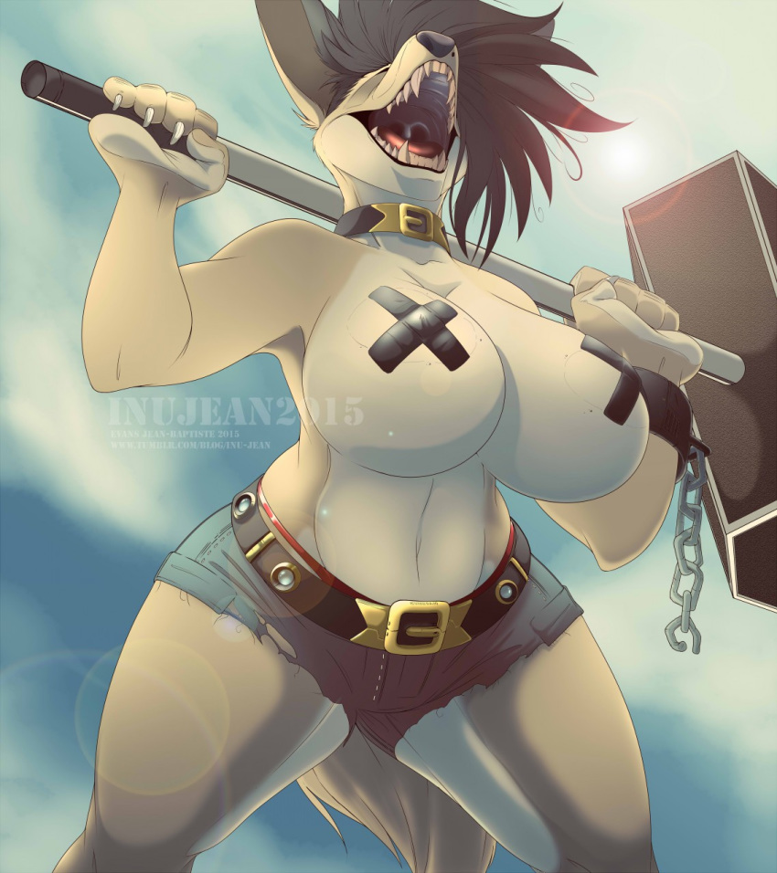 anthro beauty_mark big_breasts black_hair black_nose breasts canine chains claws clothing collar cutoffs denim_shorts diana_lafleur fangs female furry furry_only golden_jackal hair hammer huge_breasts inu-jean jackal mammal melee_weapon nipple_tape pasties sharp_teeth short_hair shorts solo teeth thick_thighs thong tools voluptuous war_hammer weapon wide_hips