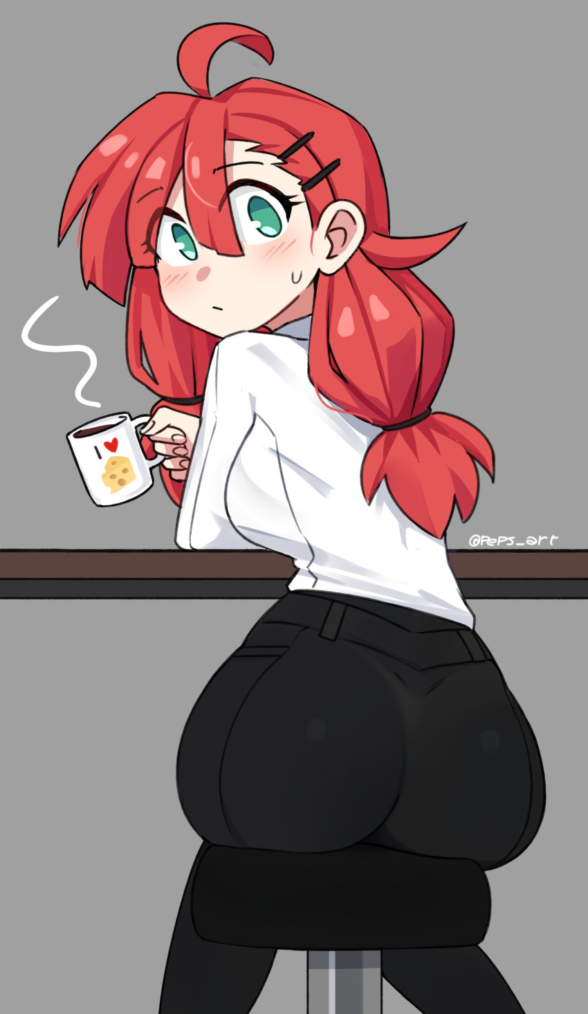 1girls ass back_view blush bubble_ass bubble_butt cafe coffee coffee_mug female female_only green_eyes looking_at_viewer original pants peps_art ponytail red_hair sitting solo stool sweatdrop tight_pants