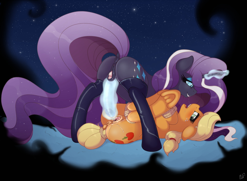 2015 anus applejack_(mlp) ass blonde_hair bondage clitoris clothing cutie_mark dildo duo equine eyeshadow female freckles friendship_is_magic hair half-closed_eyes hi_res hooves horn horse legwear long_hair lying magic makeup mammal multicolored_hair my_little_pony nightmare_rarity on_back pony pussy rarity_(mlp) ratofdrawn rope saliva saliva_string sex_toy smile smooth_skin tail_dock thigh_highs two_tone_hair underhoof unicorn yuri