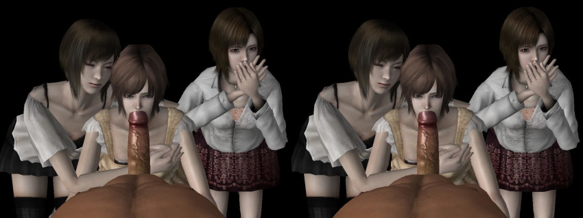 1boy 3d 3girls asian asian_female dark-skinned_male dark_skin eye_contact fatal_frame fatal_frame_4 female interracial madoka_tsukimori minazuki_ruka misaki_aso oral pov ruka_minazuki stereogram xnalara