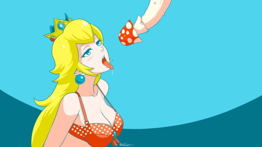 akairiot blonde_hair blue_eyes blush bra cleavage crown earrings female long_hair mario_(series) mushroom nintendo open_mouth penis penis_mushroom princess_peach saliva sexually_suggestive super_mario_bros. tongue tongue_out wallpaper