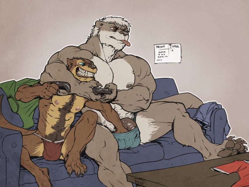 2boys angry anthro artist_name ball_bulge blue_eyes blue_underwear body_fur body_hair brown_eyes brown_fur brown_hair carter_(forge) clenched_teeth clothing fondling_balls foreskin foreskin_folds forge_(artist) furry furry_only game_controller gay gay_sex grey_fur grope humanoid_penis intact jockstrap male male/male male_nipples male_only male_pubic_hair male_thong mammal masculine mason_(forge) muscles mustelid ochre_countershading otter partially_retracted_foreskin penis penis_bulge red_underwear semi-erect teeth thewielder tongue tongue_out uncut underwear underwear_only veiny_penis video_games white_countershading white_hair yaoi