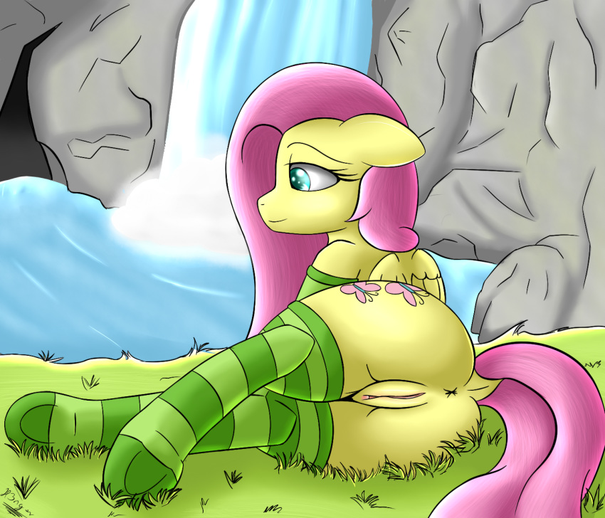 2015 anus ass clothing cutie_mark equine female fluttershy_(mlp) friendship_is_magic fur h3nger hair horse legwear long_hair mammal my_little_pony outside pegasus pink_hair pony pussy smile socks solo straight_hair wings yellow_fur