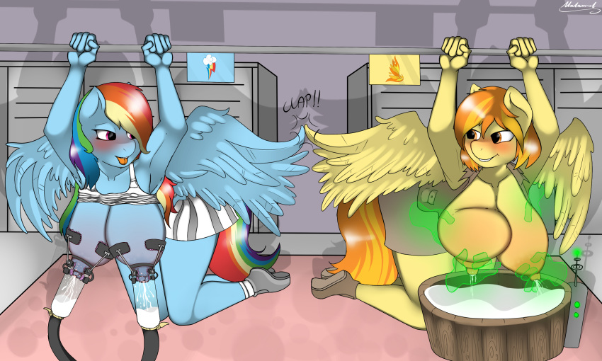 2015 2girls anthro areola big_breasts bimbo breast_milk breasts busty cleavage duo equine erect_nipples female friendship_is_magic huge_breasts lactation malamol mammal milk milking milking_machine my_little_pony nipples orange_hair pegasus pegasus_wings rainbow_dash_(mlp) rainbow_hair spitfire_(mlp) straight_hair voluptuous wings wonderbolts_(mlp)