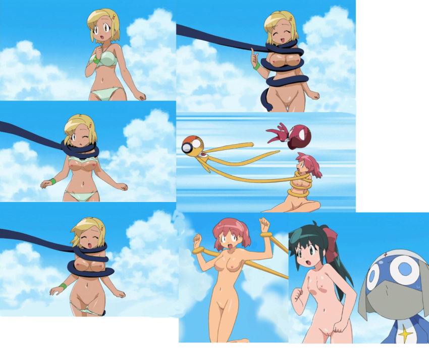 3girls angol_mois azumaya_koyuki bikini_pull breasts hinata_natsumi keroro_gunsou multiple_girls navel nipples nude sky tentacle