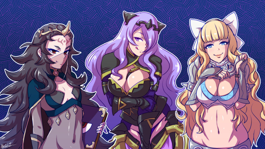 3girls akairiot armor black_hair blonde_hair blue_eyes bodysuit book bra breasts brown_eyes camilla_(fire_emblem) cape charlotte_(fire_emblem) circlet cleavage female female_only fire_emblem fire_emblem_fates fully_clothed gloves hair_over_one_eye hair_ribbon large_breasts licking_lips long_black_hair long_blonde_hair long_hair long_purple_hair midriff multiple_girls navel nintendo nyx_(fire_emblem) panties purple_eyes purple_hair ribbon see-through small_breasts smile standing veil