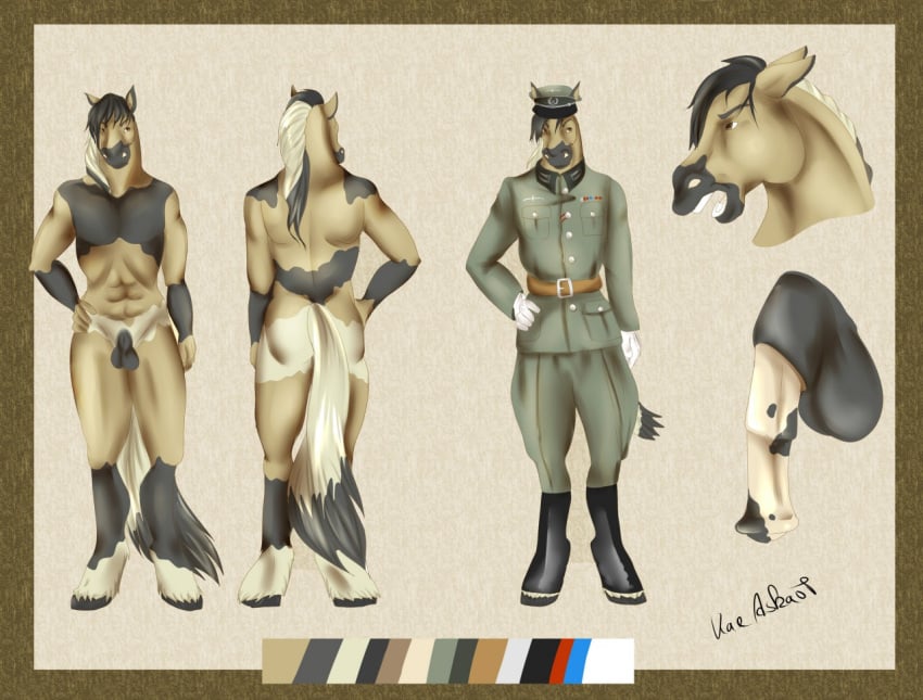 abs anthro back_view clothed clothing equine front_view horse kaeaskavi male male_only mammal model_sheet nude original original_character penis uniform world_war_2