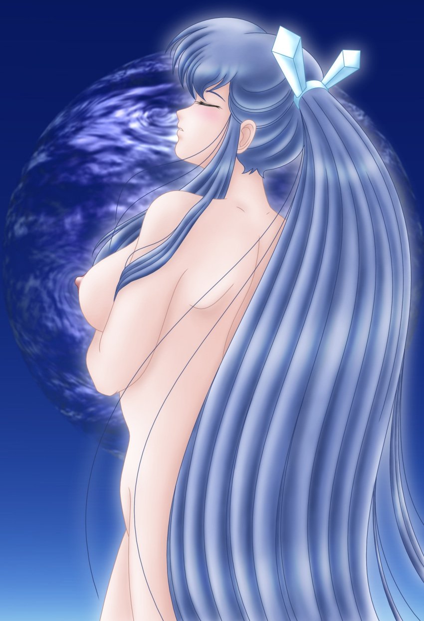 1girls 2001 blue_hair blush breasts closed_eyes female from_behind ice large_breasts light-skinned_female light_skin long_hair nipples nude oyuki ponytail princess sideboob solo standing teeth tengafub tied_hair urusei_yatsura very_long_hair yuki_onna