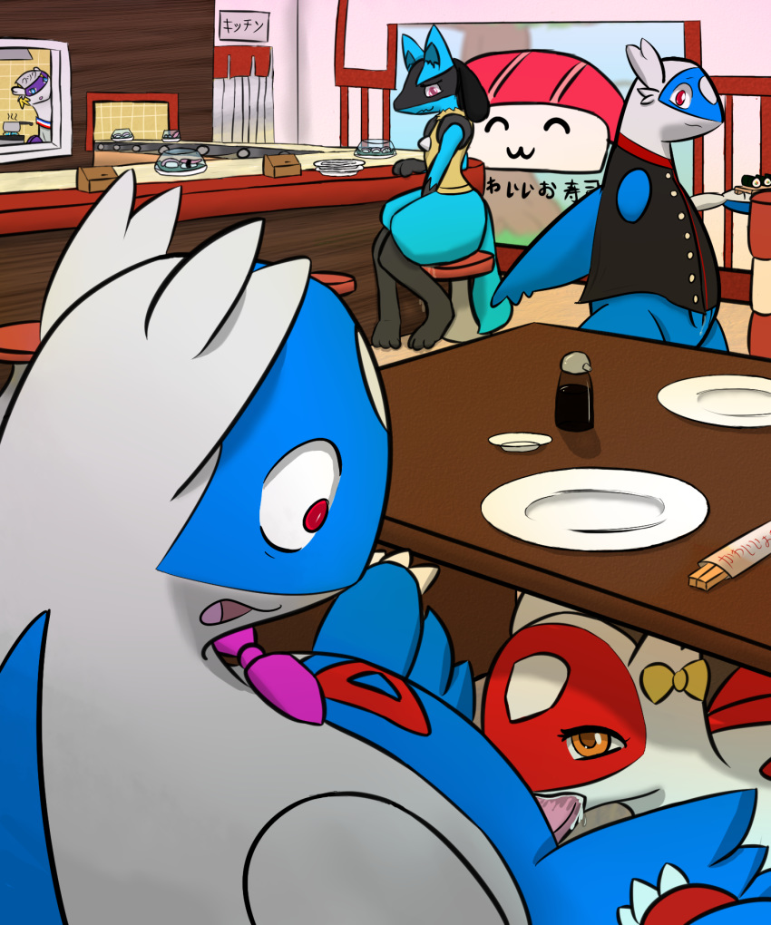 anthro bar chair cum cute elanion fellatio food game_freak gaze kitchen latias latios lucario nintendo oral penis pierre plate pokemon pokemon_(species) precum restaurant sex spongepierre stool streetdragon95 surprised sushi window