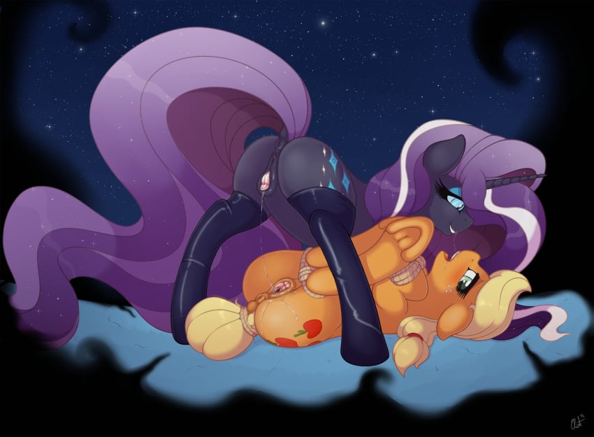 2015 anus applejack_(mlp) ass blonde_hair bondage clitoris cutie_mark dark_persona duo equine eyeshadow female freckles friendship_is_magic hair half-closed_eyes hi_res hooves horn horse legwear long_hair lying makeup mammal multicolored_hair my_little_pony nightmare_rarity on_back pony pussy pussy_juice rarity_(mlp) ratofdrawn rope saliva saliva_string smile smooth_skin tail_dock thighhighs two_tone_hair underhoof unicorn yuri