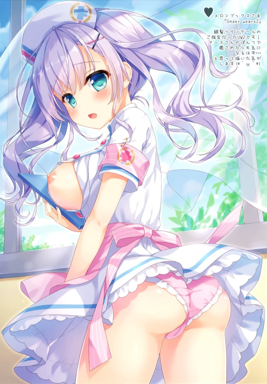 1girl ameto_yuki ass blush breasts breasts_out exposed_breasts frilled_skirt frills hair_ornament hat highres large_breasts nipples nurse nurse_cap nurse_uniform open_shirt original panties purple_hair shirt sideboob skirt skirt_lift small_but_busty tied_hair twintails underwear