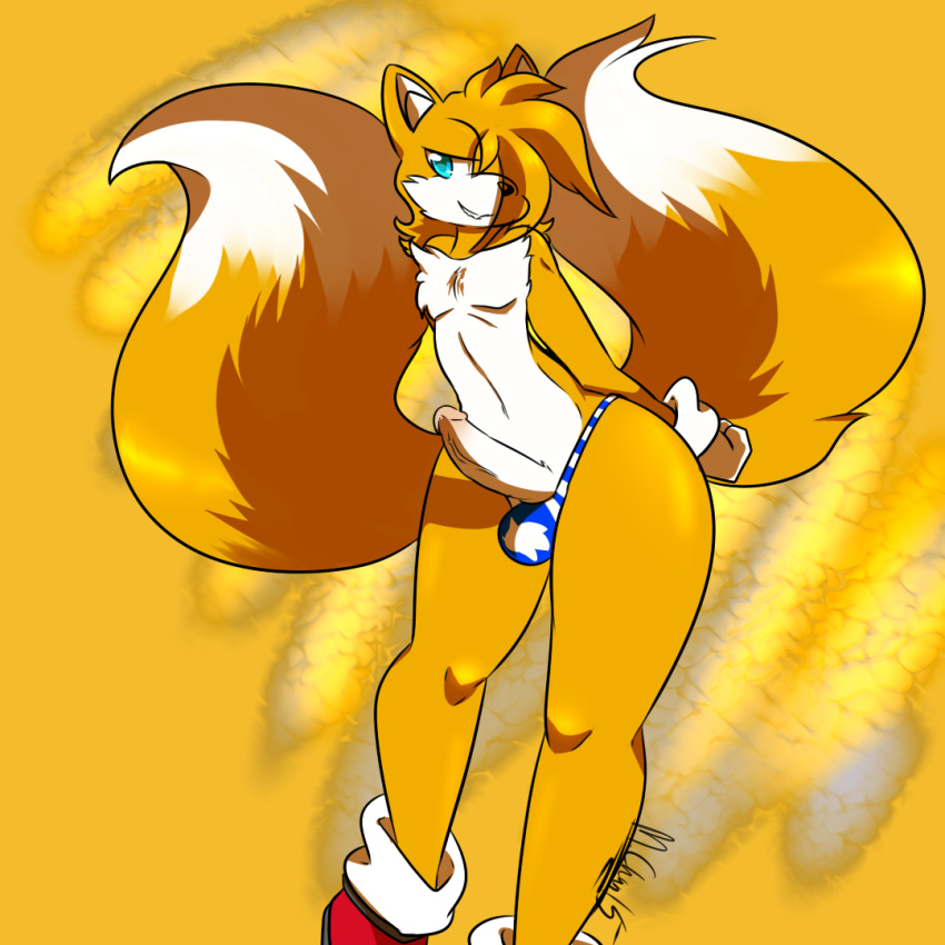 1boy androgynous anthro ass balls balls_in_panties blue_eyes canine femboy fox fur furry_tail girly male male_anthro male_only mammal moneychan multiple_tails penis solo solo_male sonic_(series) tail tails thong trap