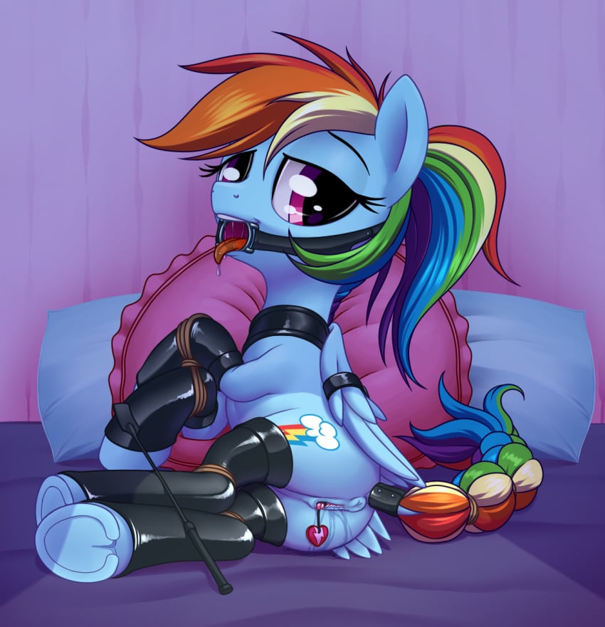 2015 anthro anus ass bed bondage bound braid clitoris clothing cutie_mark dock drooling equine female feral friendship_is_magic gag hair heart hooves insertion leather legwear looking_at_viewer lying mammal multicolored_hair my_little_pony on_side open_mouth_gag pegasus penetration pillow purple_eyes pussy pussy_juice rainbow_dash_(mlp) rainbow_hair riding_crop ring_gag rope rubber saliva sex_toy solo stoic5 tail_wrap tongue tongue_out uncensored underhoof wings