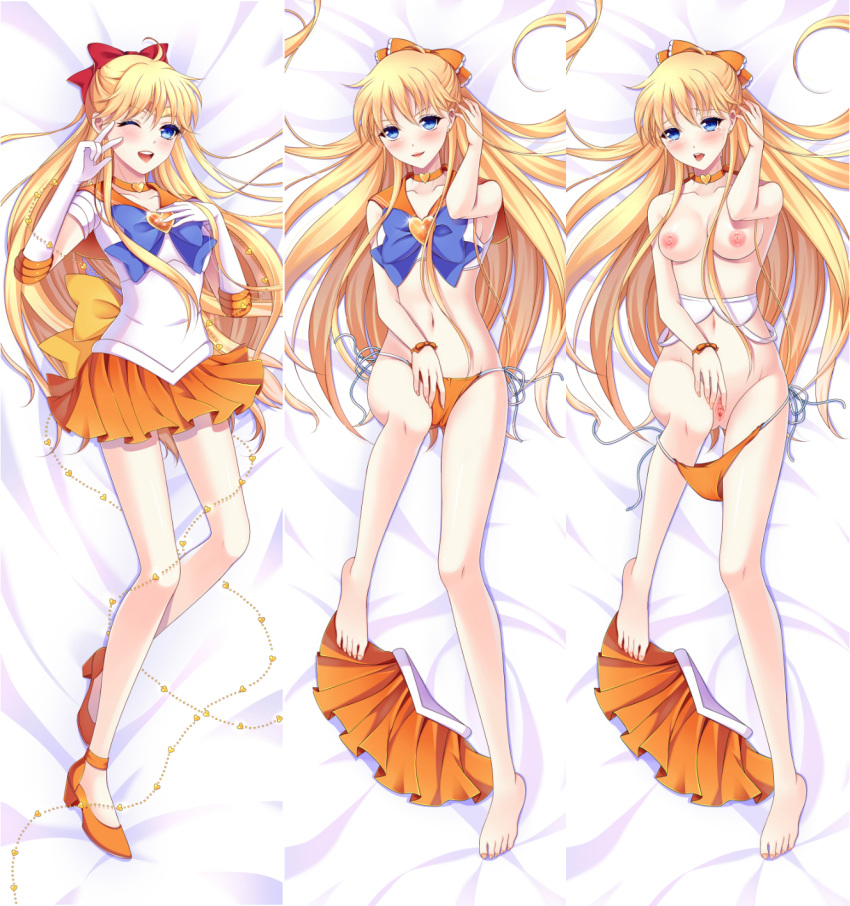 1girls bed bishoujo_senshi_sailor_moon blonde_hair blue_eyes blush bow breasts chains choker clothed clothing dakimakura feet female female_only fingers gloves high_heels jewelry kotetu_han long_hair magical_girl minako_aino nipples nudity panties pillow pussy sailor_uniform sailor_venus schoolgirl shoes skirt small_breasts solo uncensored underwear undressed uniform wink yellow_hair