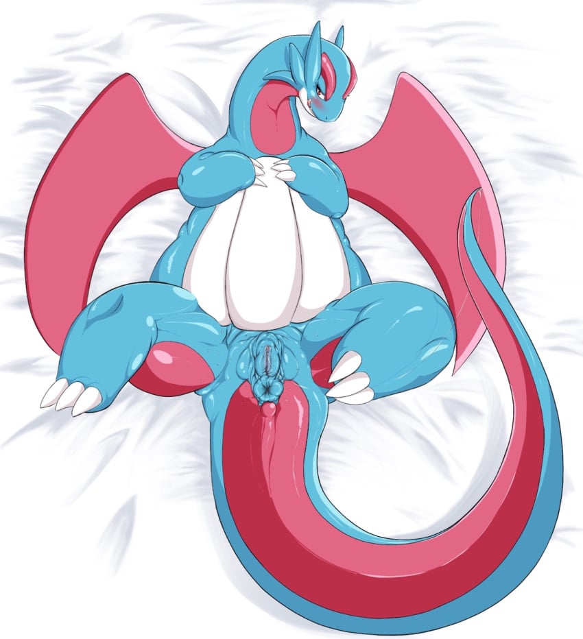 anus ass bed dragon female hurikata looking_at_viewer nintendo plump_labia pokemon pussy pussy_juice salamence solo video_games wings