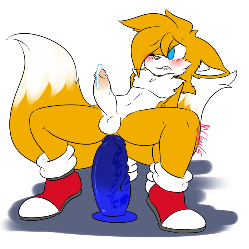 1boy anal anal_dildo androgynous animal_genitalia animal_penis ass balls blue_eyes butt canine cum cumming dildo dildo_in_ass femboy fox fur furry_tail girly male mammal moneychan multiple_tails penis sex_toy sonic_(series) tail tails trap