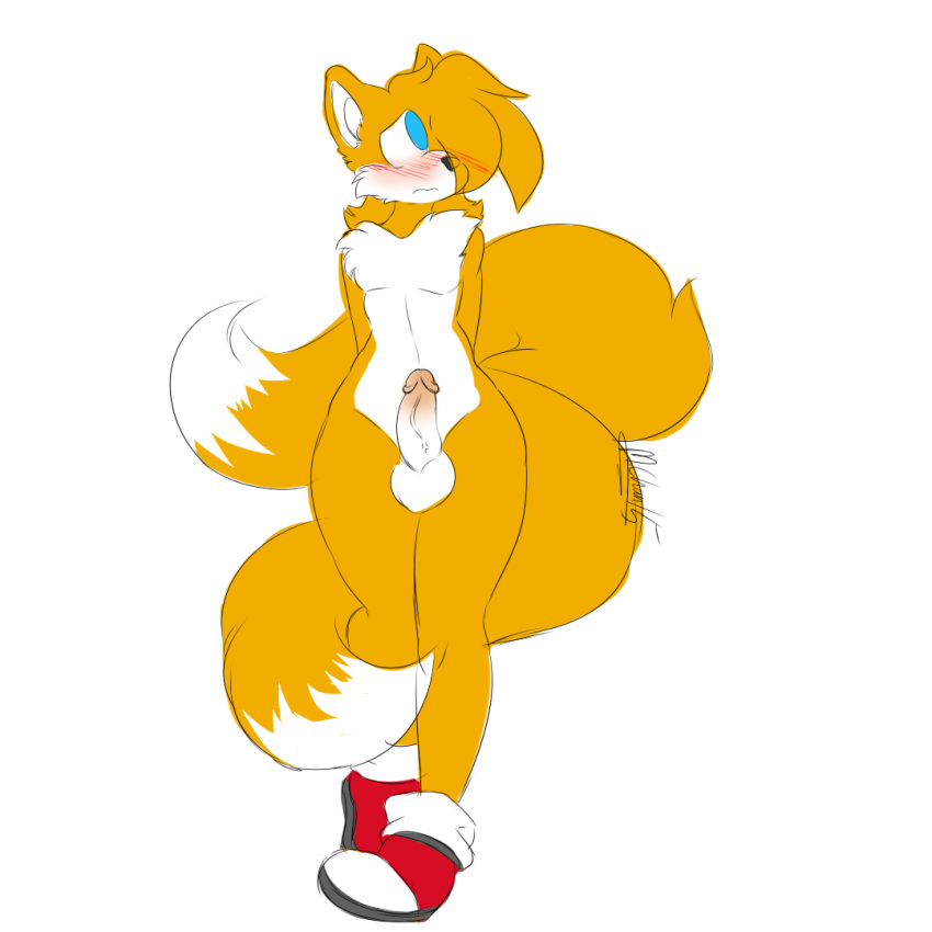 1boy androgynous anthro ass balls blue_eyes canine femboy fox fur furry_tail girly hair_over_one_eye male male_anthro male_only mammal moneychan multiple_tails penis solo sonic_(series) tail tails trap