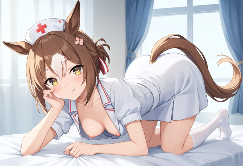 ai_generated brown_hair fine_motion_(umamusume) medium_hair nipples nurse small_breasts solo umamusume