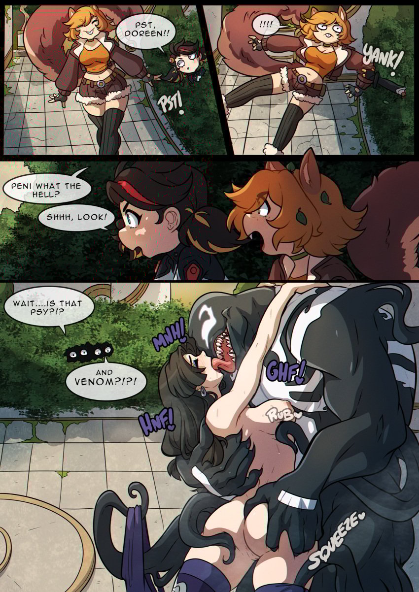 1boy 3girls ass ass_grab big_ass black_body black_hair breasts closed_eyes clothing comic dialogue english_text exhibitionism extreme_french_kiss female french_kiss furry_tail groping hi_res hiding kinkymation kissing long_hair long_tongue male marvel marvel_comics marvel_rivals medium_breasts nipples nude nude_female nudity open_mouth orange_hair peni_parker peni_parker_(marvel_rivals) psylocke psylocke_(marvel_rivals) public public_nudity public_sex pussy sharp_teeth sound_effects speech_bubble spider-man_(series) spread_legs squirrel_girl_(marvel) squirrel_girl_(marvel_rivals) tail tentacle text thighhighs tongue tongue_kiss tongue_out vengeance_psylocke venom_(marvel) venom_(marvel_rivals) voyeur voyeurism wide_hips