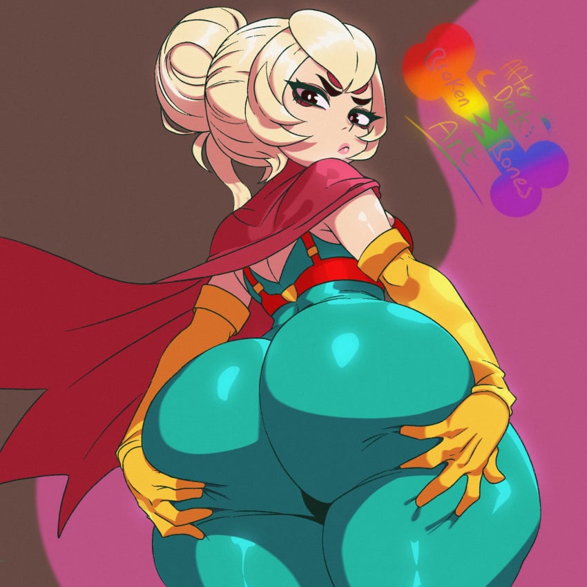 1girls armwear ass ass_focus ass_support big_ass black_eyes blonde_hair bodysuit brawl_stars brokenbonesad bubble_ass bubble_butt cape charlie_(brawl_stars) clothing dat_ass female female_only gloves hair hair_bun hands_on_ass huge_ass large_ass lips looking_back solo solo_female thick_thighs thighs yellow_gloves