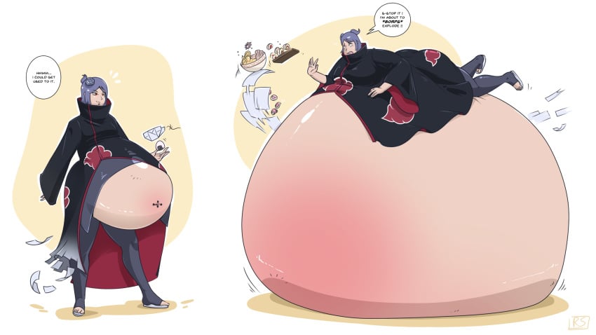 1girls about_to_burst belly bloated_belly female huge_belly hyper_belly konan massive_belly naruto roundersofter speech_bubble text