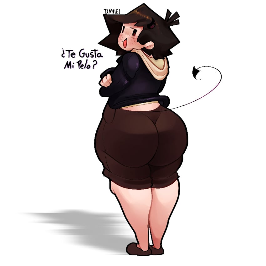 1boy 1femboy 1male 2d 2d_(artwork) ass big_ass big_butt bottom_heavy bottom_heavy_femboy brown_shorts clothed_femboy clothed_male clothing dani_(danielito) danielito demon_humanoid demon_tail digital_drawing_(artwork) digital_media_(artwork) femboy femboy_only hair hyper_ass male male_only original original_character solo solo_femboy solo_male spanish_text tail_markings talking_to_viewer text thick