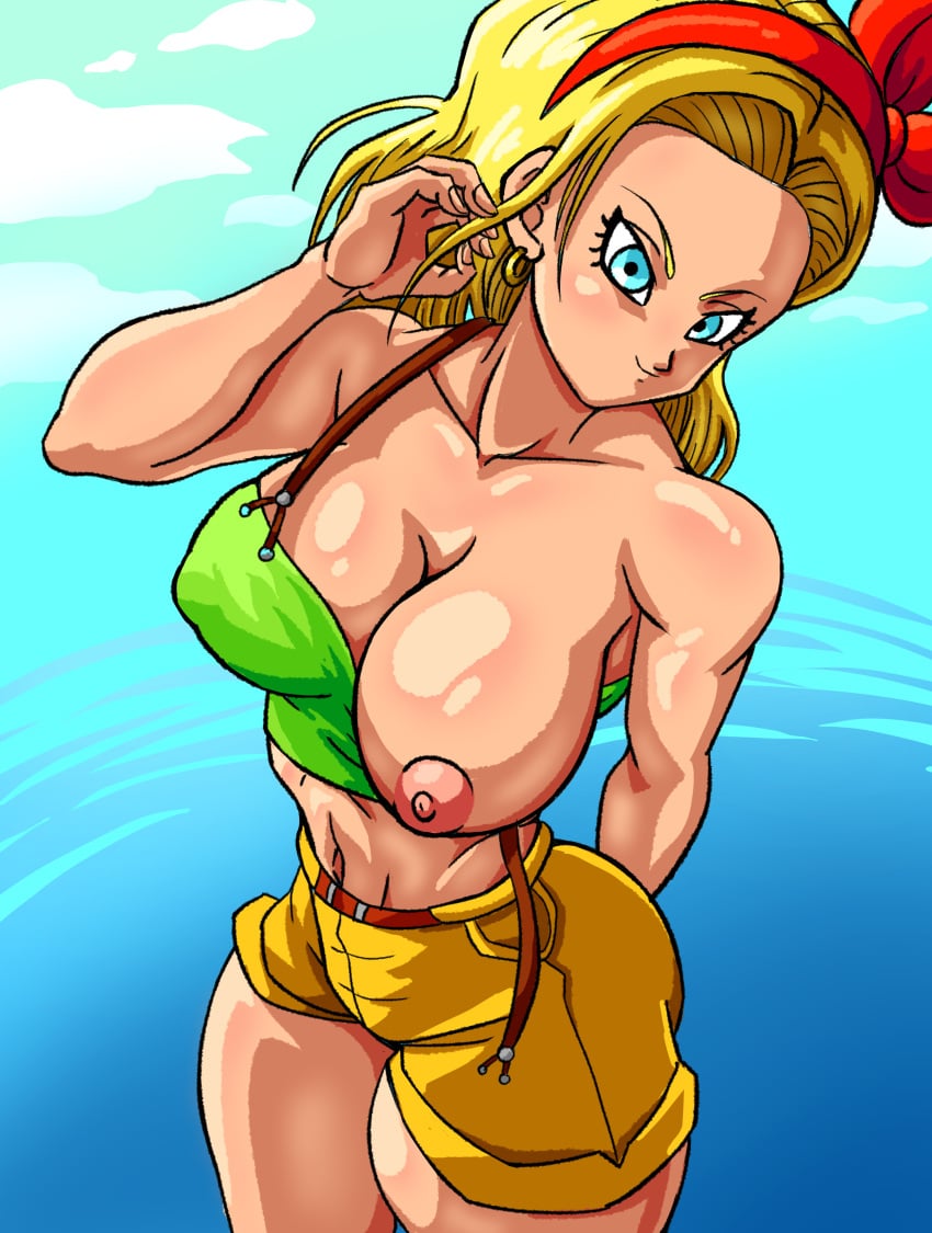 android_18 blonde_hair blue_eyes boobs_out booty_shorts crop_top dragon_ball dragon_ball_super dragon_ball_z hoop_earrings launch_(cosplay) looking_at_viewer looking_up nipple_slip ribbon_in_hair superspacewarrior thick_thighs