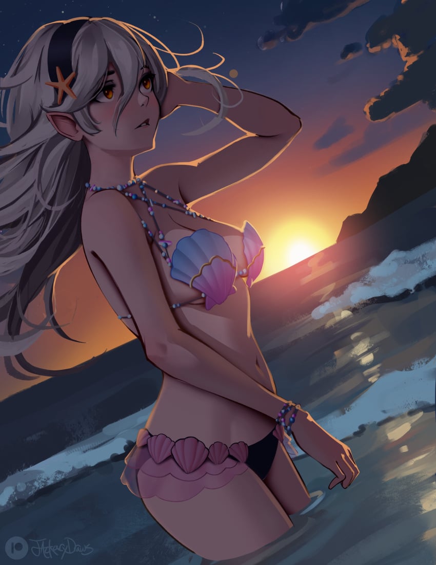 1girls absurdres alternate_costume beach bikini black_bikini black_hairband breasts cloud corrin_(female)_(fire_emblem) corrin_(fire_emblem) female female female_only fire_emblem fire_emblem_cipher fire_emblem_fates floating_hair grey_hair hair_between_eyes hairband highres jackary jackary_draws long_hair medium_breasts navel nintendo ocean official_alternate_costume outdoors partially_submerged pointy_ears red_eyes shell shell_bikini signature sky solo sunset swimsuit water