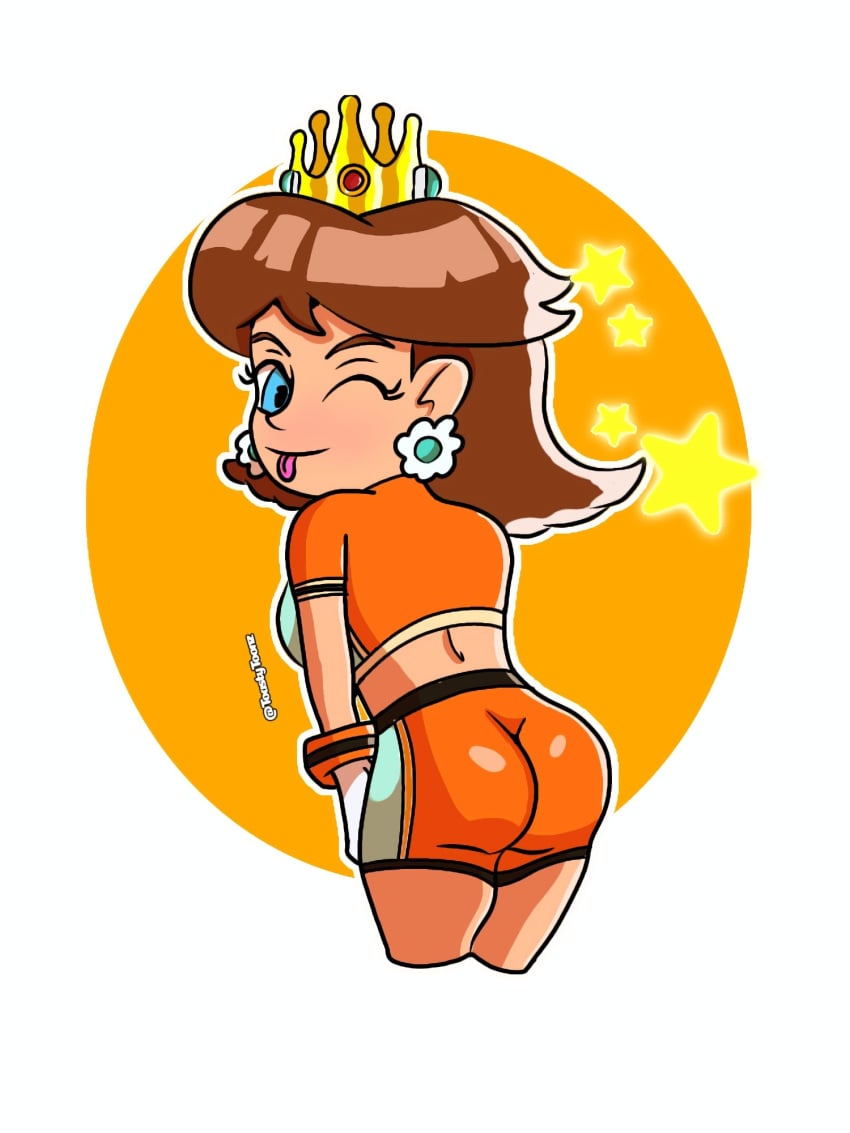 1girls ass daisy's_hot_stuff_(trend) female female_only mario_(series) mario_strikers mario_strikers_princess_daisy_side_view_redraw_(meme) meme orange_shorts princess_daisy screenshot_redraw super_mario_bros.