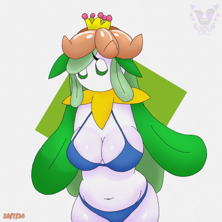 anthro anthro_only artist_name bikini blue_bikini breasts cleavage colored_skin crown female generation_5_pokemon green_eyes green_hair hi_res large_breasts lilligant long_hair mini_crown monster_girl navel no_mouth plant_girl pokemon pokemon_(creature) pokemon_(species) rogue_(artist) self_upload shiny shiny_skin signature simple_background skindentation solo swimsuit white_background