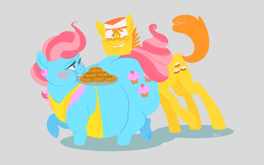 2014 ass_in_face big_ass big_belly blush chubby_cheeks cutie_mark donuts duo earth_pony grey_background hasbro looking_back mr._cake_(mlp) mrs._cake_(mlp) my_little_pony my_little_pony_friendship_is_magic orange_mane pink_earrings plate shadow source_deleted untaggable_artist yellow_apron