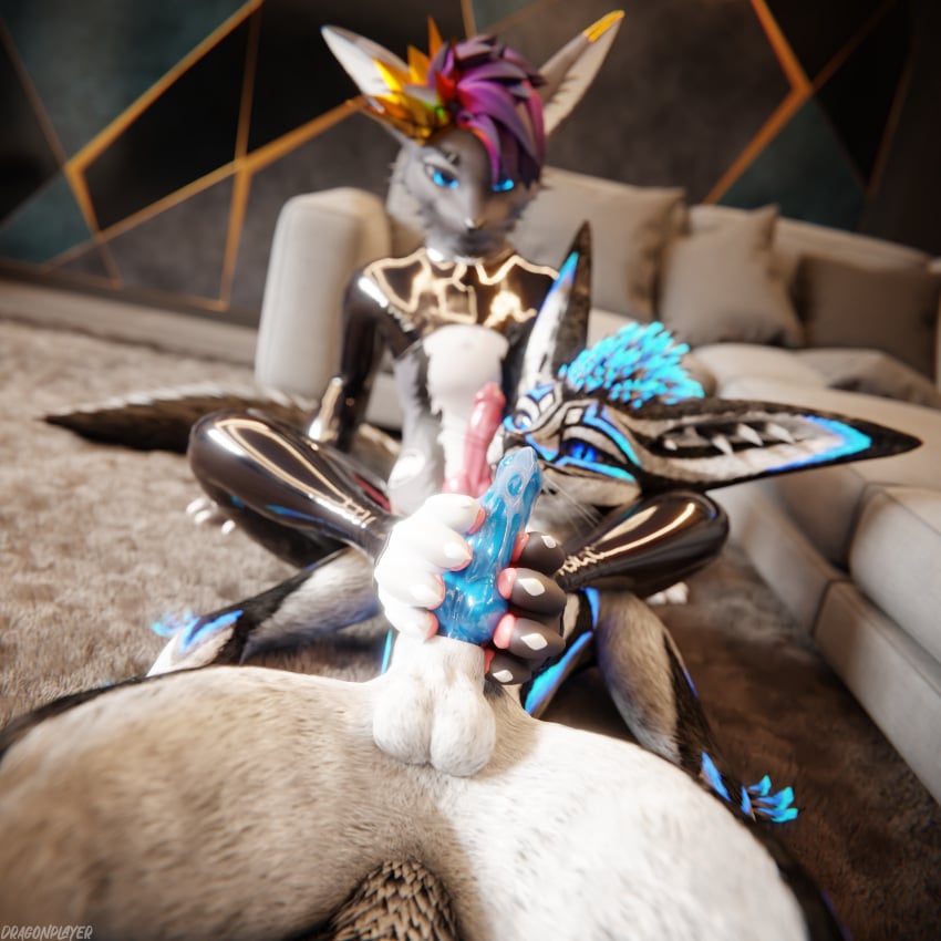 1:1 3d_(artwork) 4k absurd_res animal_genitalia animal_penis anthro anthro_on_anthro armwear balls biped black_body black_fur blender_(artwork) blender_cycles blue_body blue_fur blue_penis bodily_fluids canid canine canine_genitalia canine_penis canis claws clothed clothing crown cum cum_drip cum_dripping_from_penis cum_inside cum_on_feet cum_on_penis cumshot depth_of_field digital_media_(artwork) dominant dragonplayer dragonplayer_(character) dripping duo ejaculation erection feet foot_fetish foot_on_penis foot_play footjob fox fur furniture genital_fluids genitals grey_body grey_fur hair hand_on_ground headgear hi_res hindpaw inside knot latex latex_armwear latex_clothing latex_legwear legwear living_room looking_down_at_partner looking_pleasured lying lying_on_ground male male/male mammal multicolored_body nurse_nozzle on_back on_ground open_mouth orgasm pawpads paws penis penis_between_feet penis_between_toes penis_squeeze pink_penis reflection rexouium sex sitting sitting_on_ground slim slim_anthro slim_male slim_sub smile submissive submissive_male tail toes white_body white_fur